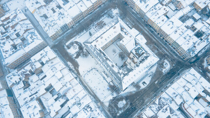 Fototapeta premium aerial view lviv city at winter misty day