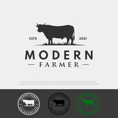 Set modern farmer logo design concept with silhouette cow