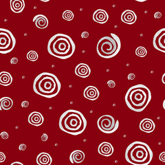 White curls on red background watercolor seamless pattern.