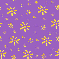 Yellow flowers on purple watercolor seamless pattern. Template for decorating designs and illustrations.