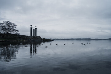 Swords in Rock (Sverd i fjell),  monument in Hafrsfjord neighborhood of Madla, Stavanger. Cloudy...