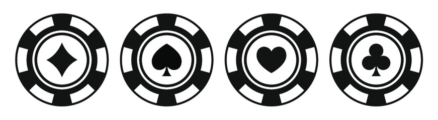 Poker chips black icons vector set. Playing poker concept. Isolated Casino poker chip logo. Poker symbols. Vector illustration.
