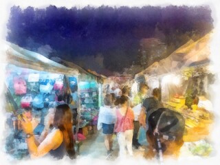 The landscape of the weekend market in the city watercolor style illustration impressionist painting.