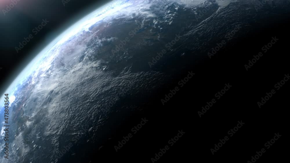 Poster a cinematic rendering of planet earth as view from space with vibrant blue atmosphere and cloudy sky