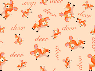 deer cartoon character seamless pattern on orange background. Pixel style