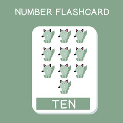 Cute number flashcards with animals set. English counting with animal theme. Math Poster for preschool. Vector illustration.