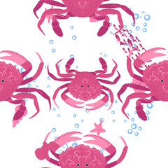 Crab marine life, fish, animals bright seamless patterns. sea travel, snorkeling with animals, tropical fish.