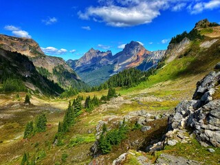 landscape with mountains, blue sky and trees