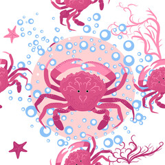 Crab marine life, fish, animals bright seamless patterns. sea travel, snorkeling with animals, tropical fish.
