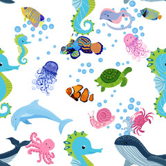 Marine life, fish, animals bright seamless pattern. sea travel, underwater diving animal tropical fish. Jellyfish, whale, shark, seahorse, clown fish, dolphin, turtle, emperor