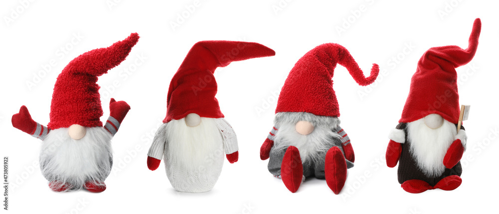 Poster Set with funny Christmas gnomes on white background. Banner design