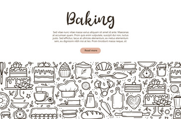 baking banner. Cute hand drawn kitchen tools and baked goods with desserts. vector illustration in black outline and white plane on white background.