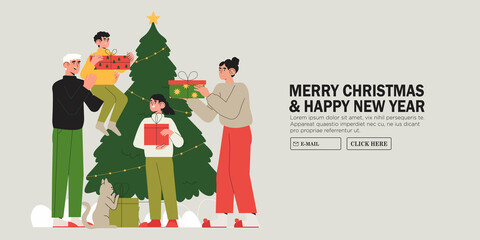 Happy family near christmas tree together give gifts or presents. Christmas and new year preparations banner, flyer, landing page. Trendy characters celebrate winter holidays and x-mas at home.