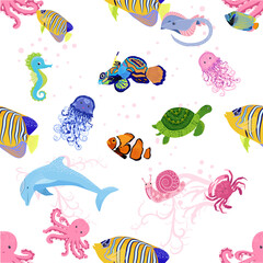 Marine life, fish, animals bright seamless pattern. sea travel, underwater diving animal tropical fish. Jellyfish, whale, shark, seahorse, clown fish, dolphin, turtle, emperor