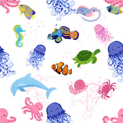 Marine life, fish, animals bright seamless pattern. sea travel, underwater diving animal tropical fish. Jellyfish, whale, shark, seahorse, clown fish, dolphin, turtle, emperor