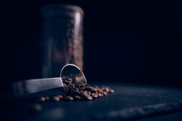 Fresh coffee beans, coffee kettle, coffee cup