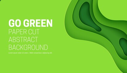 Go green abstract background in paper cut style. 3d layout wallpaper cut out from cardboard. Modern template with abstract curve shapes. Vector environmental card with papercut waves for eco poster.