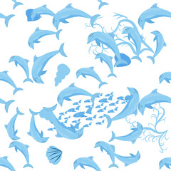 Fototapeta na wymiar Dolphin, sea inhabitants seamless pattern, beautiful character among seashells, algae, starfish, marine wildlife