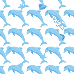 Dolphin, sea inhabitants seamless pattern, beautiful character among seashells, algae, starfish, marine wildlife