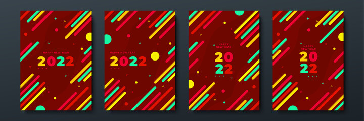 Design concept of 2022 Happy New Year set. Templates with typography logo 2022 for celebration, Retro color backgrounds for branding, banner, cover, card, social media, poster