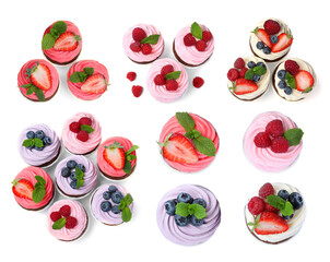 Set with delicious cupcakes on white background, top view