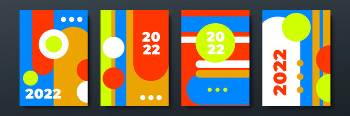 Design concept of 2022 Happy New Year set. Templates with typography logo 2022 for celebration, Retro color backgrounds for branding, banner, cover, card, social media, poster