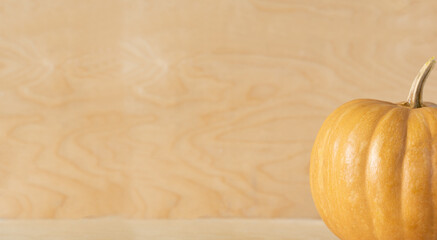 Yellow pumpkin on yellow wooden background