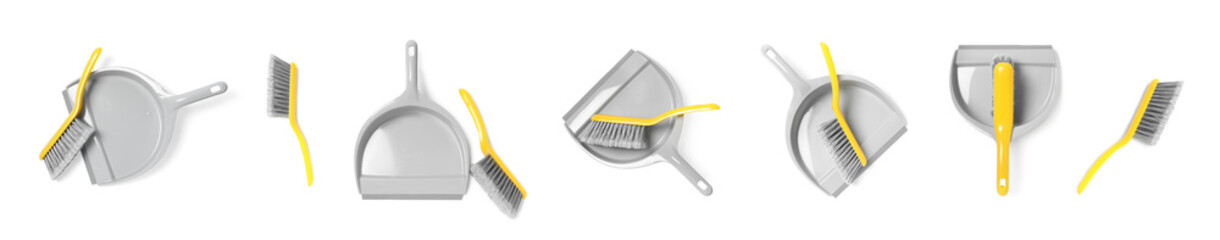 Set with plastic hand brooms and dustpans on white background, top view. Banner design