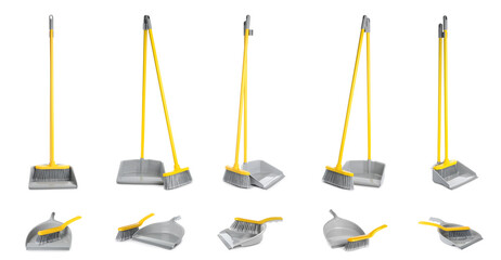 Set with plastic brooms and dustpans on white background. Banner design
