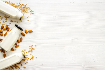 Set of non dairy substitute milk with almonds rice and oats