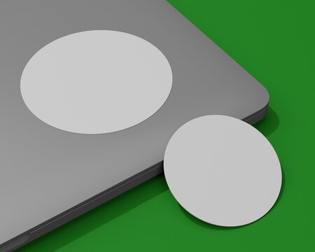 3D render, mockup of round business cards, with auxiliary markup for easy placement of your design. Green background, chromakey for easy color change or background replacement