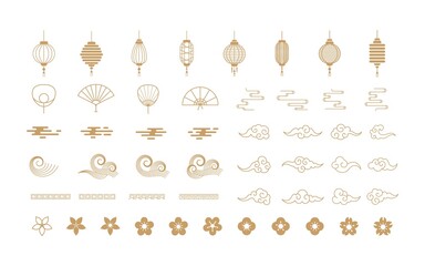 Asian vector element design for Chinese New Year festival. Set of icon with lanterns, fan, cloud, wave in japanese style.