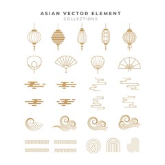 Asian vector element design for Chinese New Year festival. Set of icon with lanterns, fan, cloud, wave in asian and japanese style.