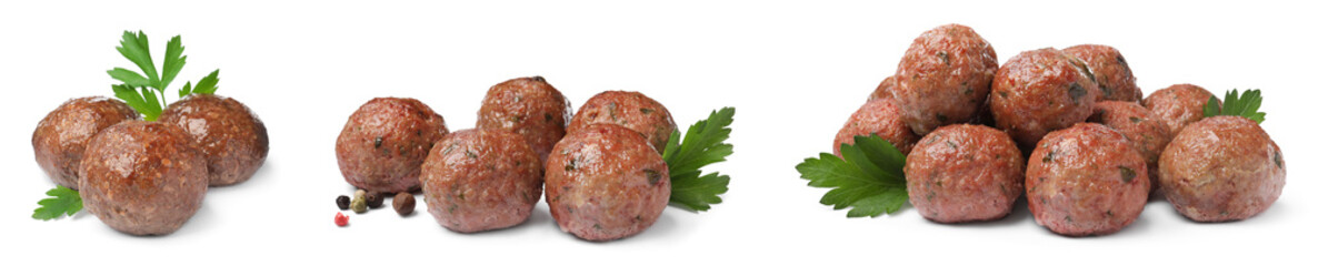Set with tasty cooked meatballs on white background. Banner design