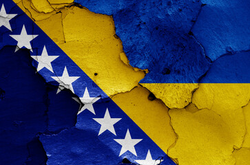 flags of Bosnia and Herzegovina and Ukraine painted on cracked wall