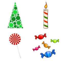 Christmas symbols collection. Big set of xmas icons. Seasonal cartoon illustrations isolated on white. Holiday ornament and decorations. christmas tree, candle,candy,