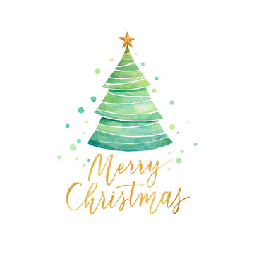 Vector Christmas background with gold hand lettering calligraphy and christmas tree watercolor.