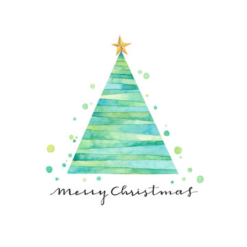 Vector illustration card of watercolor Christmas tree with handwritten calligraphy.