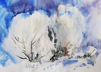 Watercolor painting winter landscape with snow trees