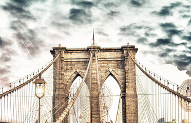 Sky colors on the background of Brooklyn Bridge Tower, New York City