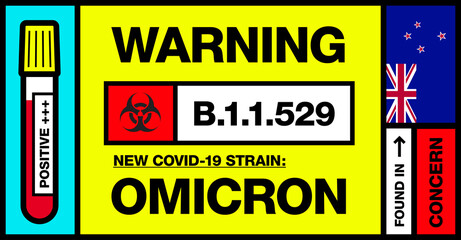 New Zealand. Covid-19 New Strain Called Omicron. Found in Botswana and South Africa. Warning Sign with Positive Blood Test. Concern. B.1.1.529.