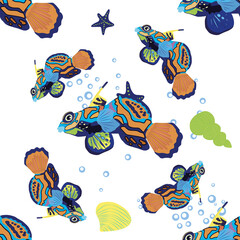 Obraz premium Mandarin fish seamless patterns. beautiful character among seashells, seaweed, starfish, sea animal wildlife character. Nature underwater, marine wild ocean zoo fish.