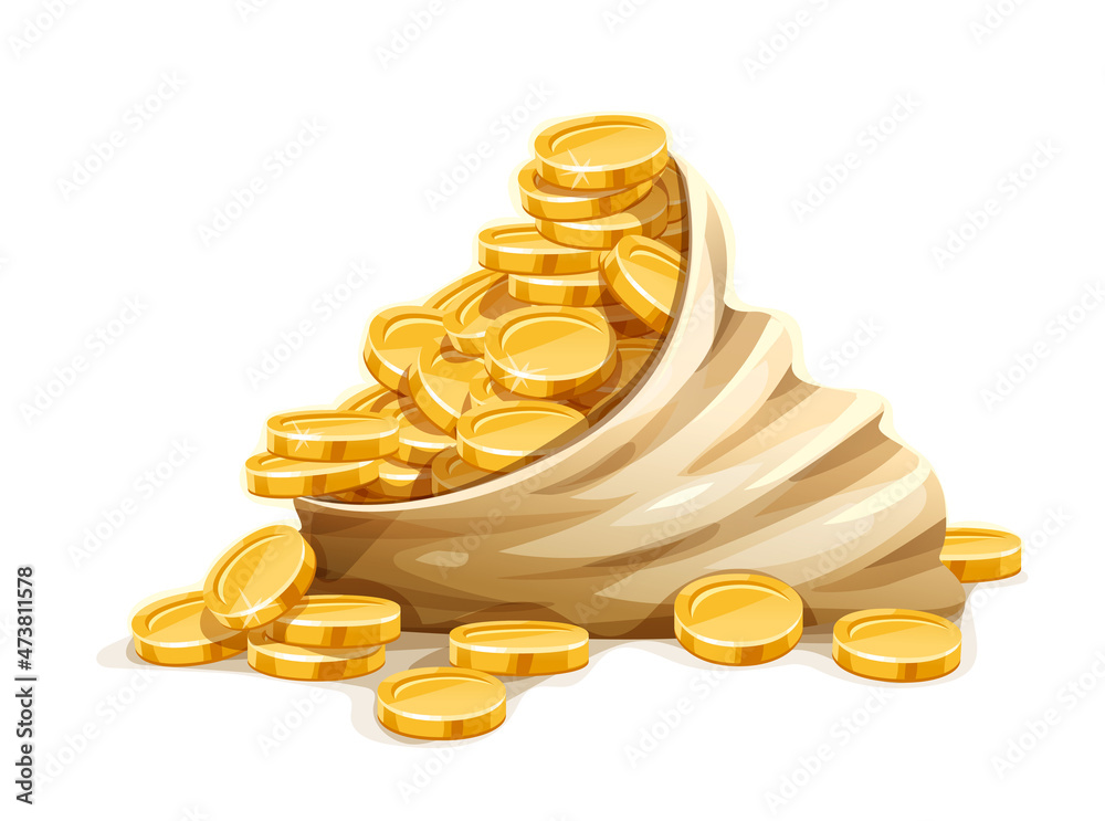 Wall mural gold coins in open sack cash money heap, isolated on white transparent background. eps10 vector illu