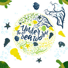 Turtle green seamless pattern, beautiful character among seashells, seaweed, starfish, sea animals wildlife nature. Nature underwater, marine wild fish in the ocean zoo.