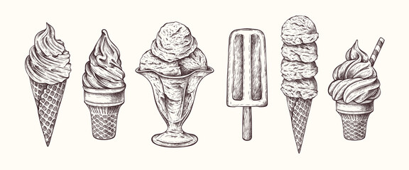 Vector hand drawn ice cream illustration in vintage engraved style.  Different types of ice cream. Dessert, sweets, menu design, restaurant, shop. Isolated on white background.