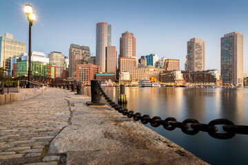 The architecture of Boston in Massachusetts, USA at Boston Harbor and Financial District.
