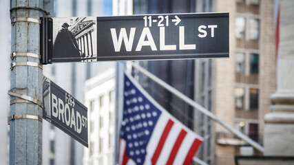 Wall Street street sign in Manhattan, New York city, USA.