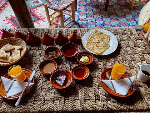 Authentic Berber breakfast in the High Atlas Mountains. Imlil valley, Morocco, 52.10.2021.
