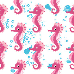 Seahorse, sea inhabitants seamless pattern, beautiful character among seashells, seaweed, starfish, marine