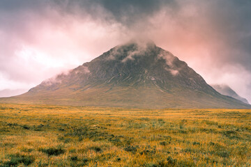 Glencoe mountain covered in mist in the Scottish countryside